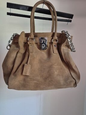 Michael Kors Suede Satchel in Tan Brown with Silver Hardware
